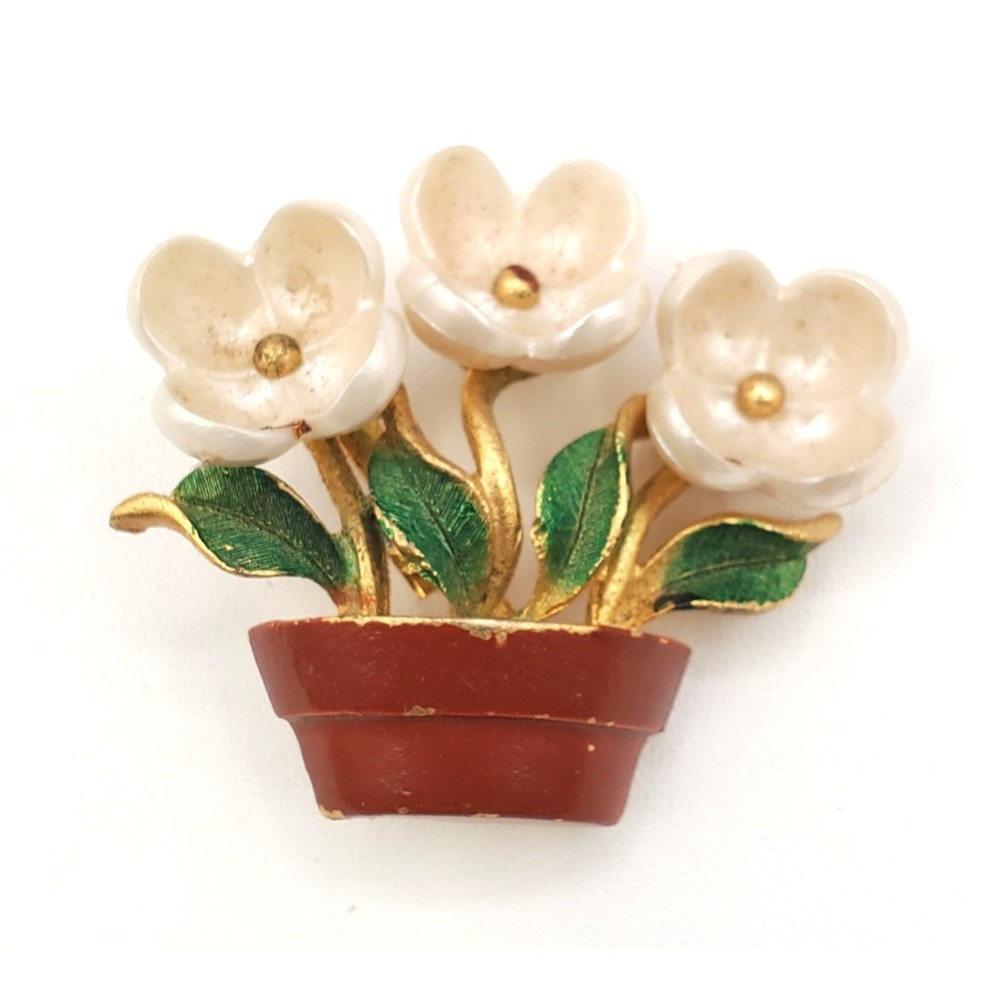 Vintage Flowers in a Pot w Faux Pearls Pin Brooch Mamselle Gold Tone Enameled